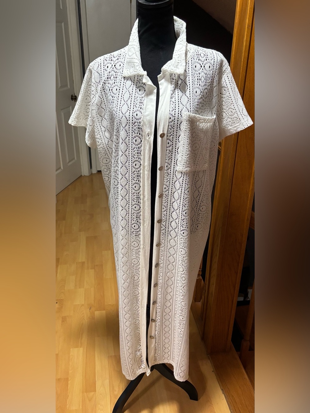 Women's swimsuit cover in crochet white, maxi length loose-fit “LIKE NEW”